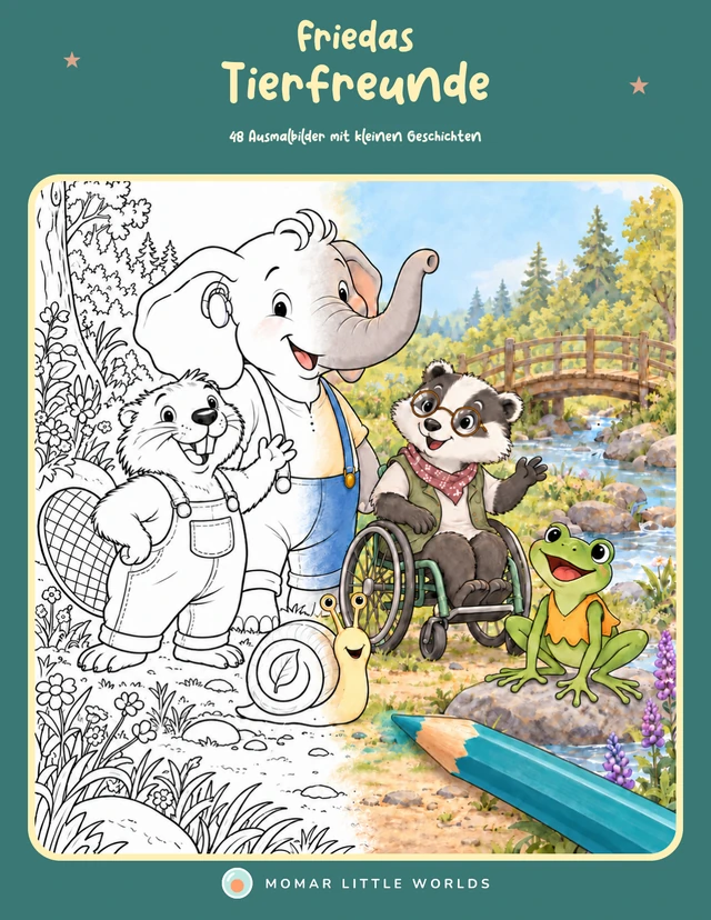 Finales Cover von Friedas Tierfreunde: Tierfreunde am Bach, links als Ausmalbild und rechts in Farbe.